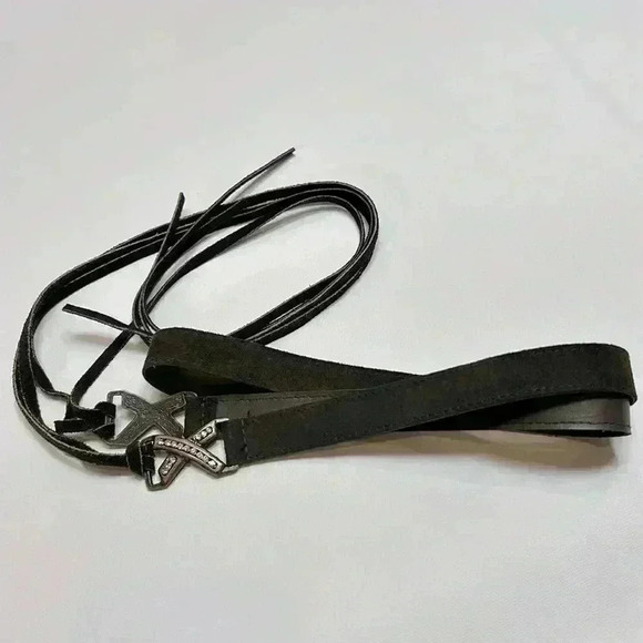 Black Leather Tie-Up Festival Belt Western Made in Canada Dress Waist Fringe Fun - Picture 1 of 7